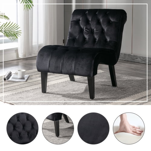 Silla / silla de ocio de la sala de estar sin acento de terciopelo moderno, silla cómoda de botón de tela tapizada con piernas de madera para el dormitorio