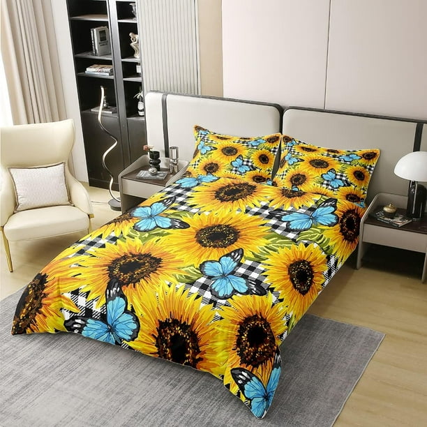 Vintage Sunflower Funda Nórdica, Mariposa Azul Juego de Cama para Niñas Mujeres