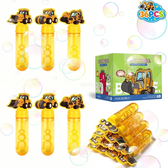 36 Pcs Mini Excavator Bubble Wands with Solution, 3 Styles in Yellow - Short Construction Vehicle Bubble Blowers for Kids Birthday, Carnival, Classroom, Non-Candy Gift Filler