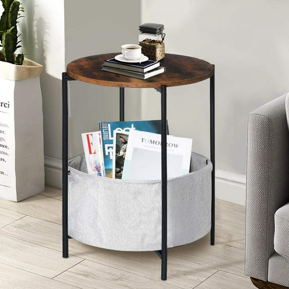 Round Side End Tables with Storage Bag for Living Room Bedroom, Industial Small Side Accent Bedside Table Wood