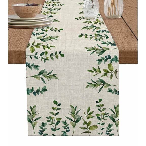 ERUNPONLY Eucalyptus Leaves Table Runner - 48 Inch Long Spring Pastoral Botanical Leaf Beige Cotton and Linen Blended Dress Scarves Farmhouse Table Runner for Kitchen Dining, Coffee Table, 13"x48"