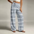 thumbnail image 6 of Karymi Linen&nbsp;Pants&nbsp;Women Irregular Horizontal Striped Straight Leg Long Pants, Drawstring High Waist Decor Tie Front Trousers with Side Pockets Biker Shorts Women, 6 of 6