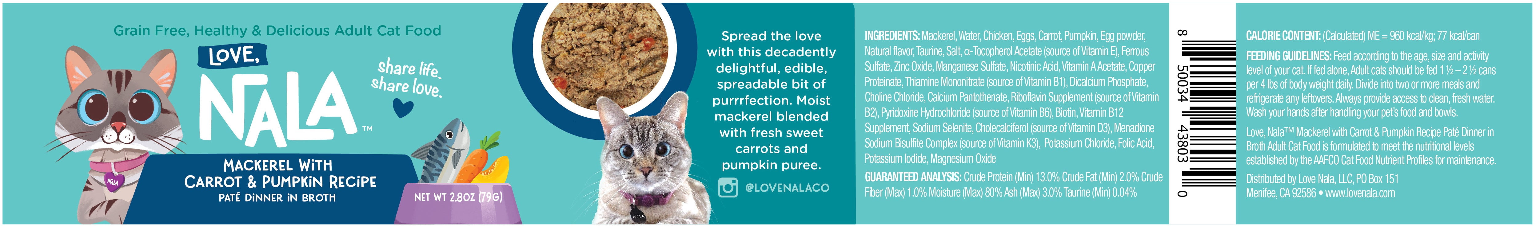 (6 pack) Love, Nala Mackerel Pate with Carrot & Pumpkin Recipe in Broth Adult Cat Food