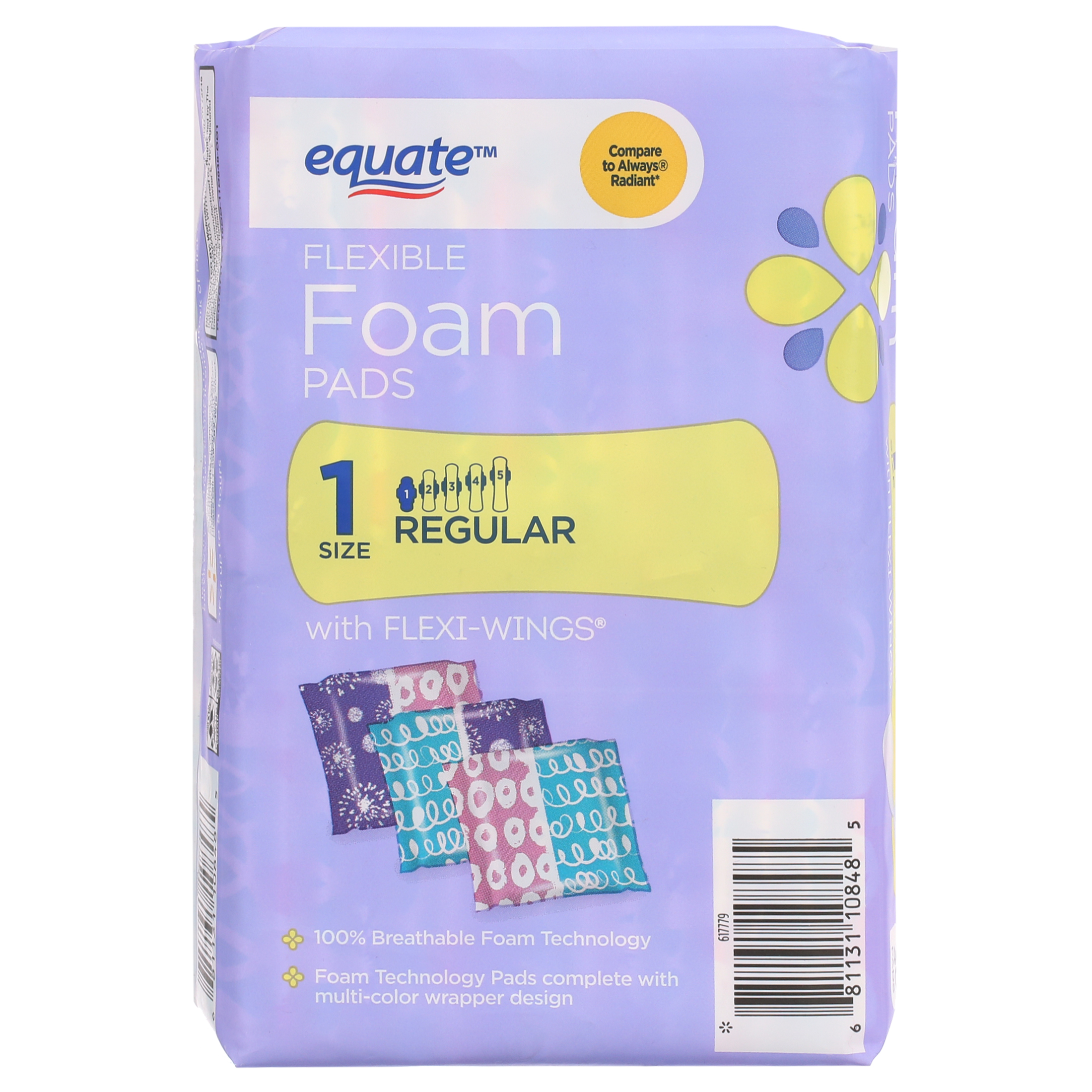 Equate Foam Pads with Flexi-Wings, Regular, Size 1, 30 Count
