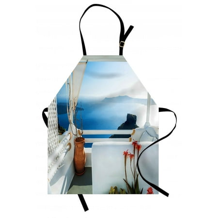 European Apron Holiday Terrace with Sea at Sunset Architecture on Santorini Island Greece, Unisex Kitchen Bib Apron with Adjustable Neck for Cooking Baking Gardening, Turquoise and Blue, by