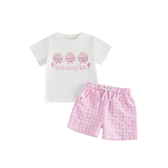 BemeyourBBs Toddler Baby Girls Birthday Outfit 1st 2cd 3rd Years Old Birthday Clothes Short Sleeve Cake Embroidery T Shirt Tops with Plaid Shorts Set 2Pcs Toddler Girl Summer Outfit