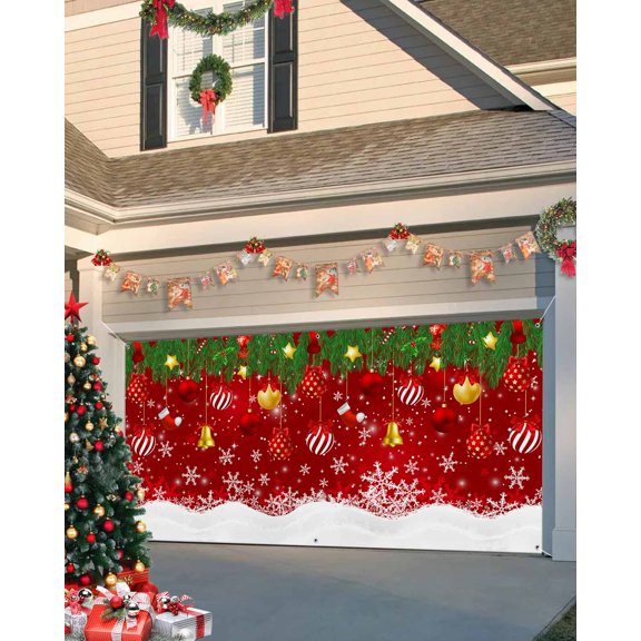 Garage Door Banner Cover 7 x 16 ft, Christmas Balls Pine Leaves Snowflake Red Style Christmas Garage Door Decorations Holiday Christmas Backdrop Decor for Winter New Year Xmas Party