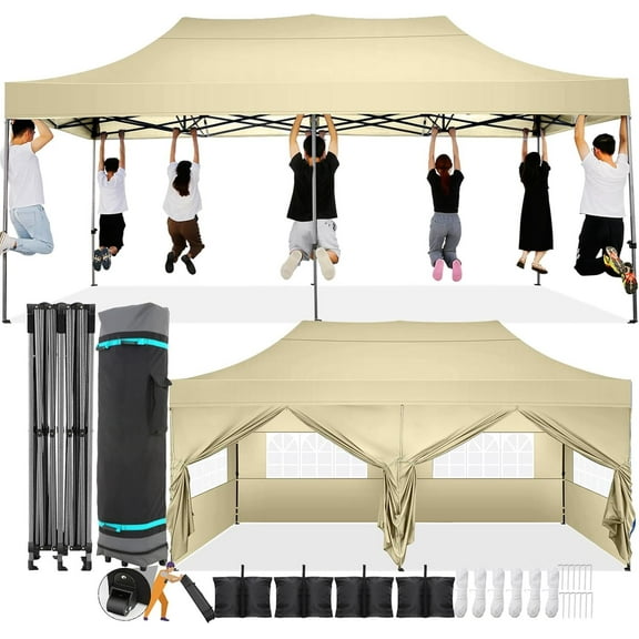 COBIZI 10x20 Pop Up Canopy with 6 Sidewall,Heavy Duty Canopy UPF 50 All Season Wind Waterproof Commercial Outdoor Wedding Party Tents for Parties Canopy Gazebo with Roller Bag(10 x 20 ft Khaki)