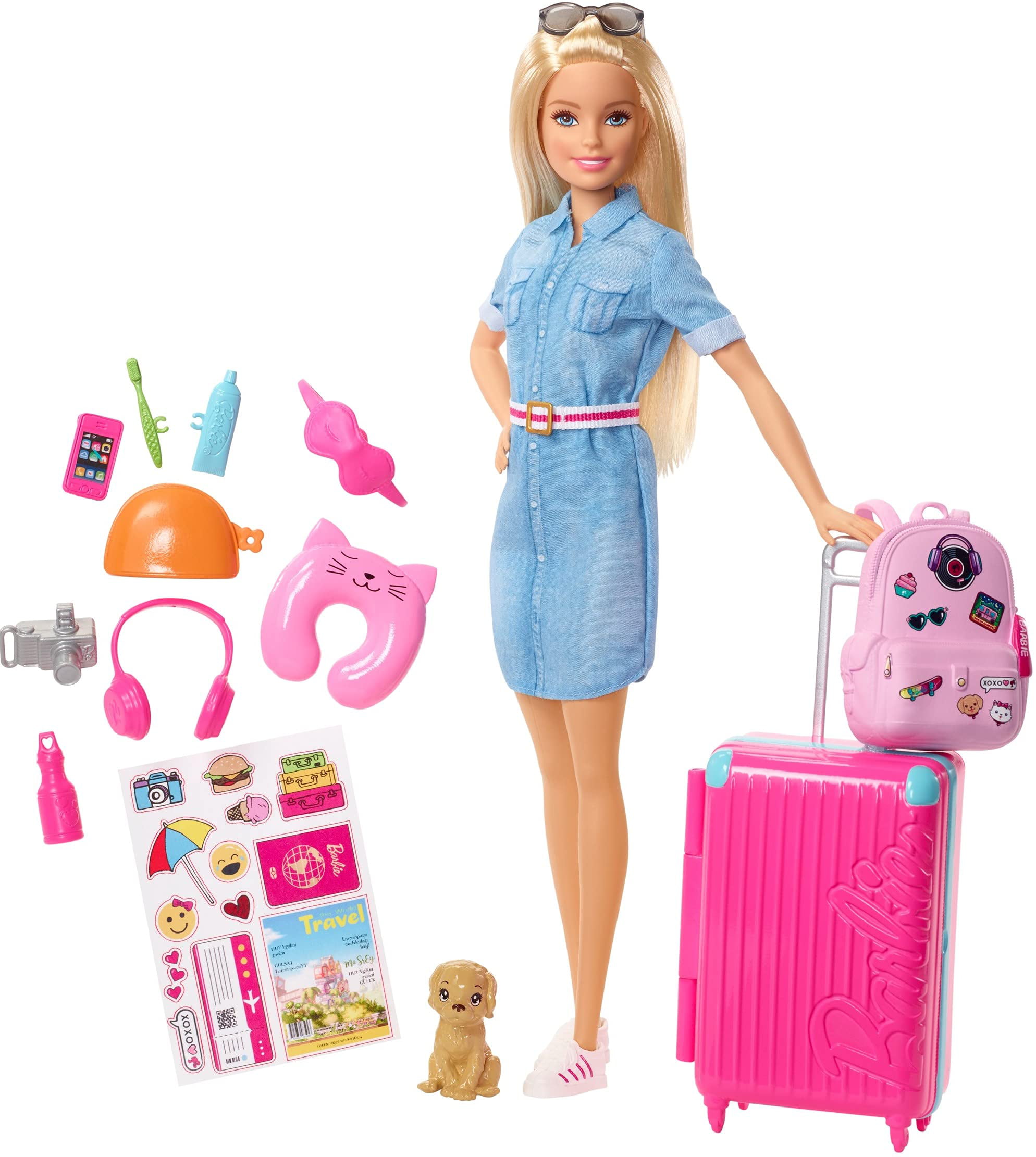 Accessories Barbie Doll and Travel Set with Puppy Multicolour Luggage and 10 