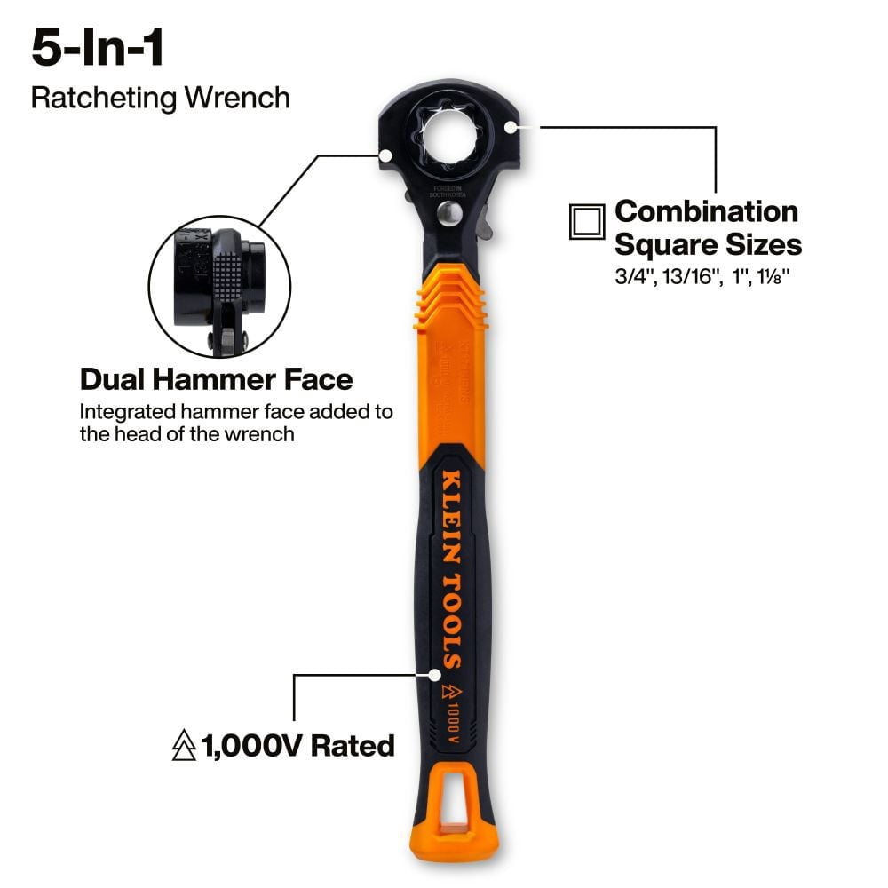 Klein Tools 5-In-1 Hammer Facing Insulated Lineman Wrench