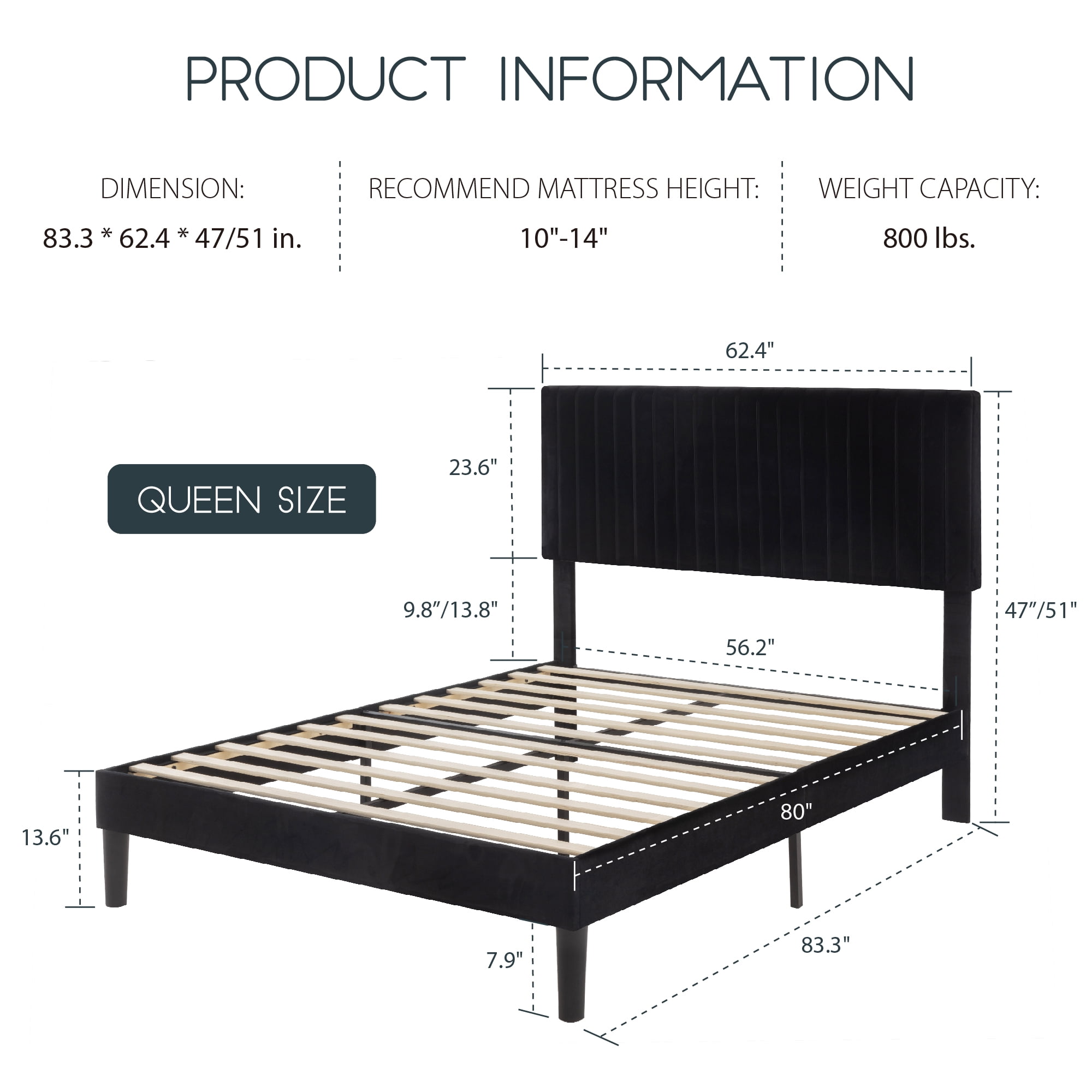 Einfach Queen Size Platform Bed Frame with Upholstered Adjustable Velvet Vertical Tufted Headboard, Black