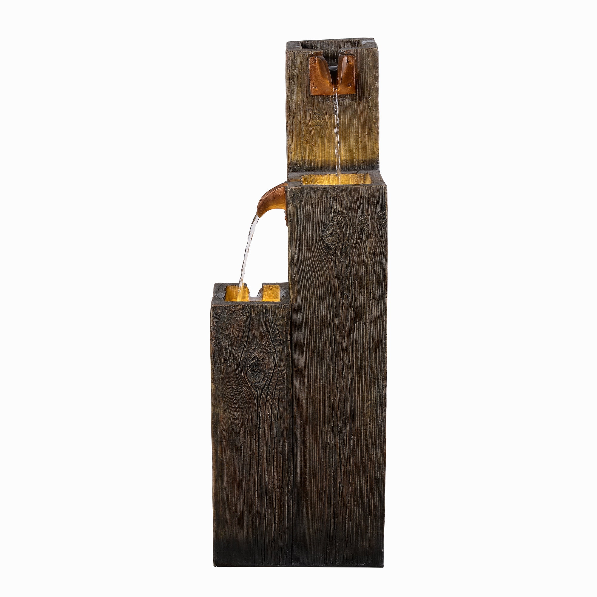 Hi-Line Gifts LED Lighted Cascading Wooden Textured Outdoor Garden Water Fountain - 33.75"