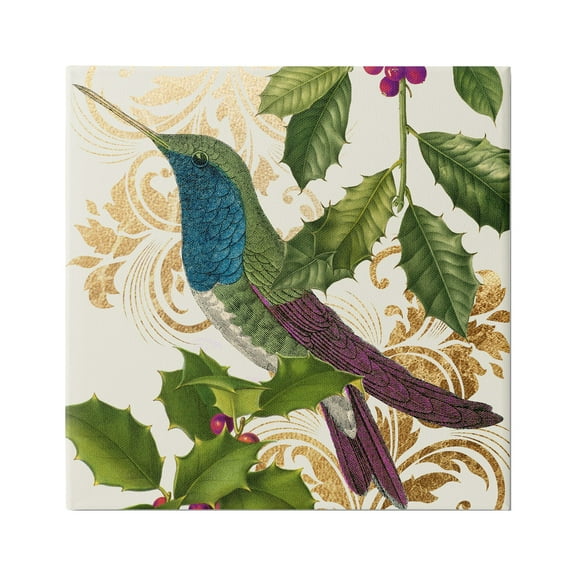 Stupell Industries Curious Hummingbird Golden Pattern Winter Holly Bird,17 x 17, Design by Daphne Polselli