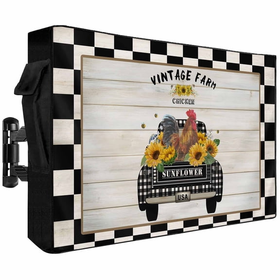 Outdoor TV Cover 58x37x4.5in, Chicken Old-fashioned Trucks on Vintage Weatherproof TV Screen Protector with Zipper, Farm Buffalo Plaid Outside Television Cover Fits Up to 60-65"