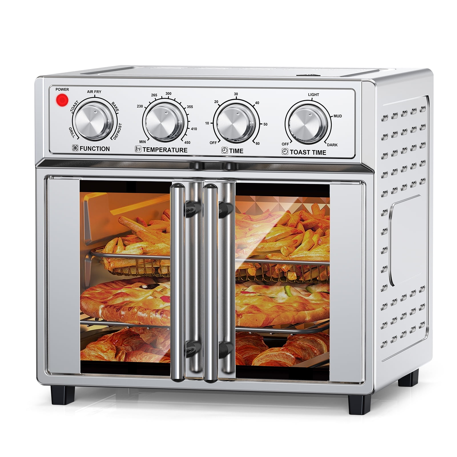26QT Extra-Large French Double-Door Air Fryer Convection Toaster Oven, 1700W, 7 Preset Menus, 7-in-1 Multi-Function for Bake, Roast, Grilling,Toast,Dehydrate& Defrost, Stainless Steel,silvery