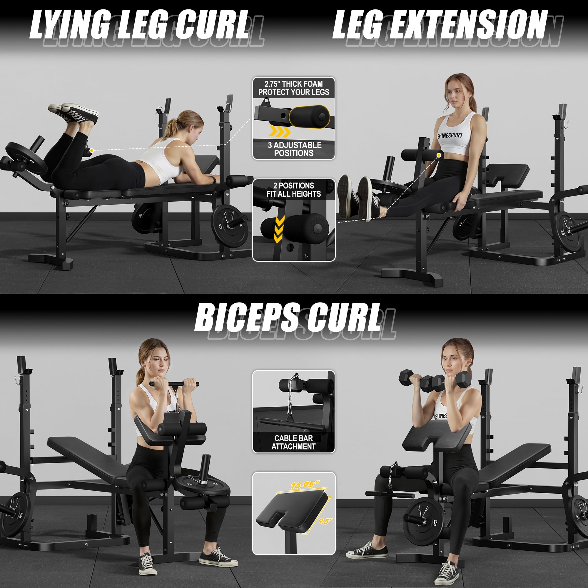 900LBS Olympic Weight Bench,9 in 1 Multifunction Strength Training Bench with Leg Extension,Preacher Curl Pad and LAT Pulldown for Home Gym with Olympic Bar and 120lb Weight Plates,Black