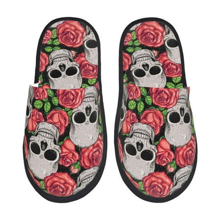 Balery Skull and Roses Slient Indoor Furry Fleece Comfort House Shoes Soft Non-Slip Home Shoes Cotton slippers House Slippers-- Large