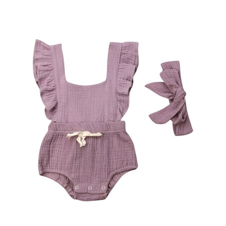 

Dewadbow Newborn Toddler Baby Girls Ruffle Sleeveless Bodysuit Headband