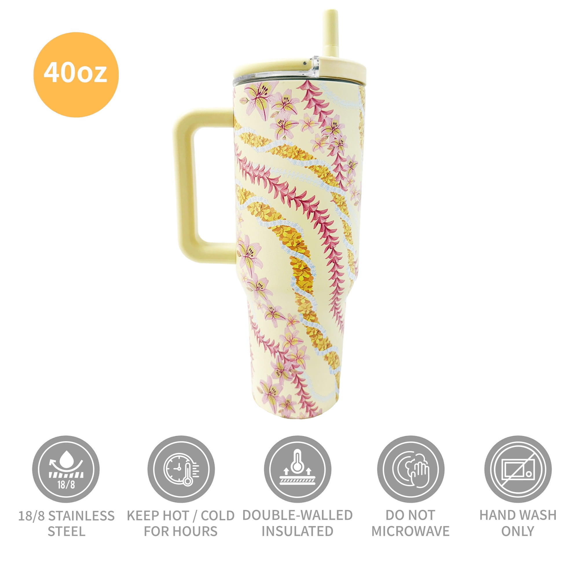 Island Crew 40 oz Yellow Floral Lei Stainless Steel Tumbler with Handle