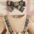 thumbnail image 6 of CAICJ98 Newborn Baby Girl Fall Winter Outfits Plaid Romper Suspender Dress Ruffles Long Sleeve Clothes Bodysuit Jumpsuit with Bow Headband (Brown,9-12 Months), 6 of 7