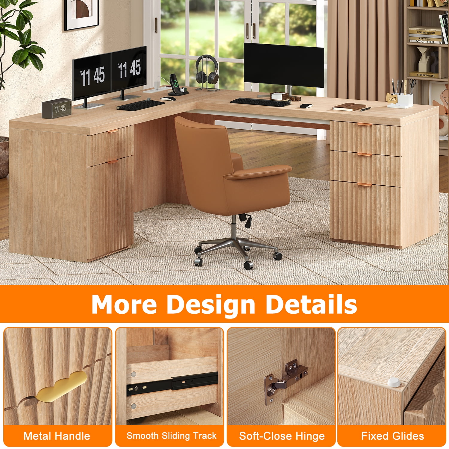 69-Inch Modern L Shaped Executive Desk with Charging Station & File Drawer, Large Home Office Corner Desk with Storage Drawers and Cabinet, Fluted Wood Computer Desk Writing Desk, Natural Oak Finish