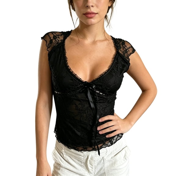 DHFJKG Lace Tank Tops Women Sexy Deep V Neck See Through Bow Slim Fit Sleeveless Shirt Night Party Wear Versatile Top