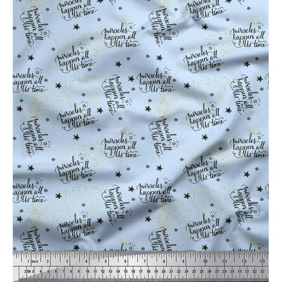 Soimoi Blue Rayon Crepe Fabric Star & Miracle Happened All The Time Text Printed Craft Fabric by the Yard 46 Inch Wide