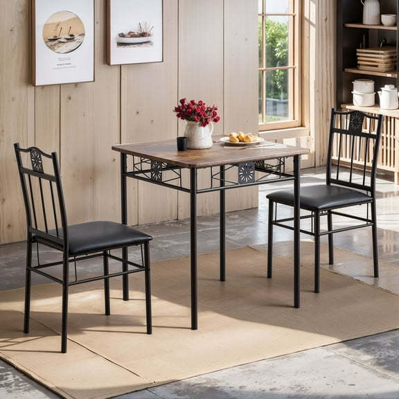 VECELO 3-Piece Dining Table Set, Wooden Square Table with 2 Pu Cushion Chairs, Brown