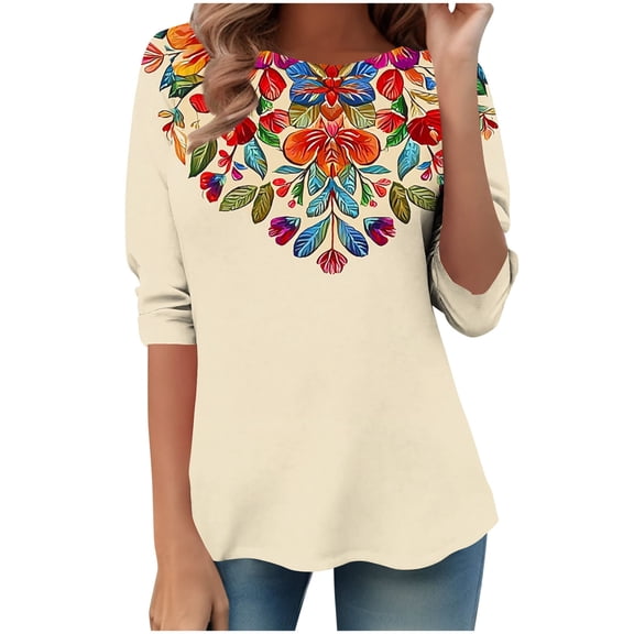 Jsaierl 3/4 Sleeve Tops for Women Summer Round Neck Shirts Trendy Print Ladies Blouses Workout Dressy T-shirts Top S-5XL