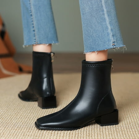 

Christmas Fashion Women Artificial Leather Solid Color Autumn Thick Sole Square Heels Zipper Mid Booties Square Toe Shoes