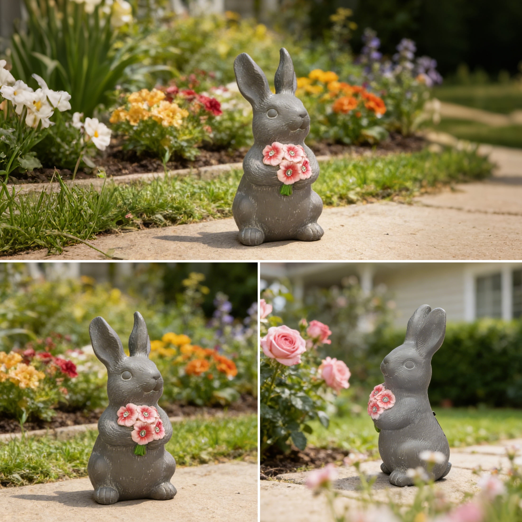 The Growing Ground Solar Bunny Garden Statue with LED Light, Resin Garden Decor for Patio, Lawn, Gray and Pink