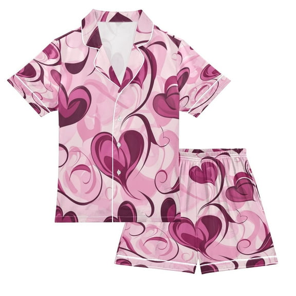 Silky Satin Kids' Pajama Set Breathable & Smooth Unisex Button-Down Pajamas Pink and Burgundy Hearts