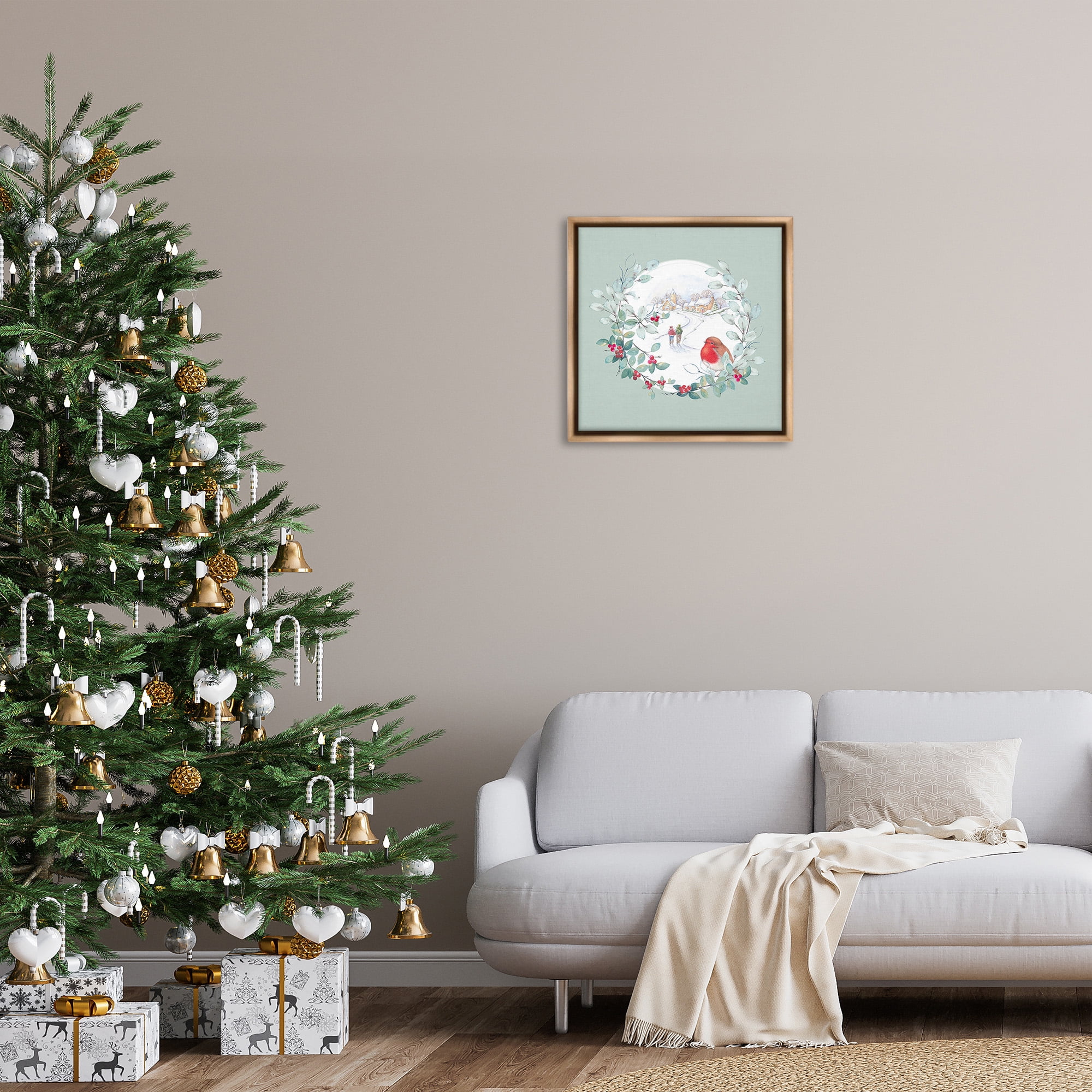 Stupell Industries Winter Scene with Border Holiday Painting Brown Floater Framed Canvas Art Print Wall Art, 25 x 25