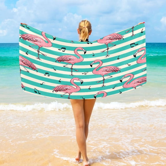 Ryvnso Flamingo on Stripes Stylish Beach Towel Swimming Yoga Bath Towels Large Sand Free Towels 31"W x 71"L