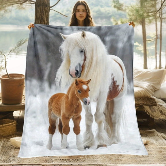White Horse and Foal Snow Pattern Flannel Throw Blanket - Lightweight Fleece Blanket for Sofa, Bed, Travel, Office - Soft Warm Digital Print Blanket