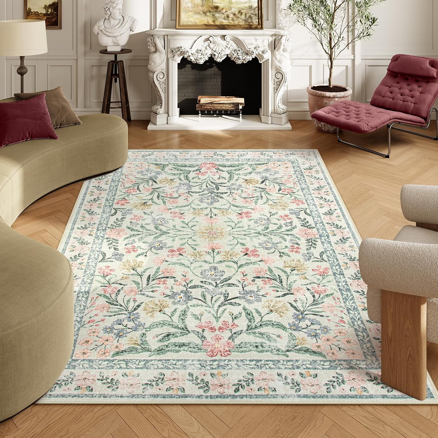 Moynesa 6'x9' Beige Washable Rugs for Bedroom, Boho Floral Living Room Rugs Non-Slip, Soft Low-Pile Carpet Rug for Dining Room Dorm,Beige