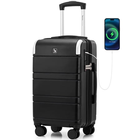OIWAS 20in PC Hardside Carry-on – TSA USB Lock, Expandable, Lightweight for Bussiness Travel, Black