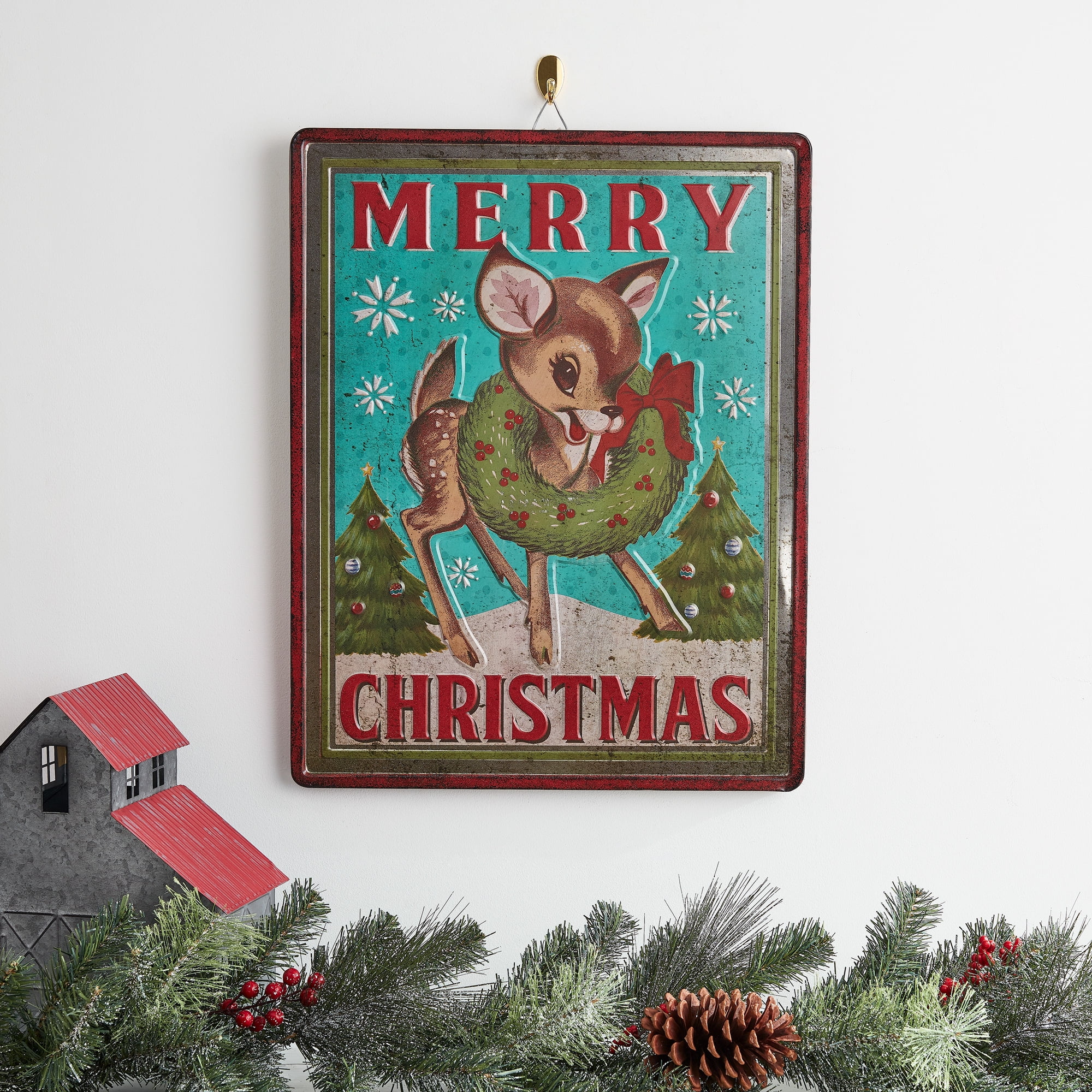 Holiday Time Nostalgic Indoor Outdoor Metal Hanging Sign Christmas Decoration 18 X 23 Walmart Com Walmart Com