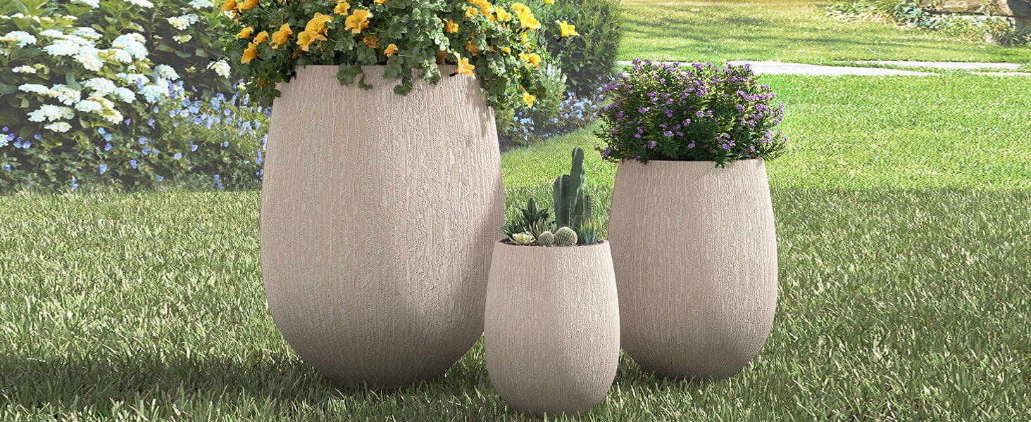 Mintazer Modern Planter Set of 3, 15.6''/10.8''/7.3'' Stackable Flower Pots with Drainage Holes, Stone-Look Textured Decorative Plant Pots for Indoor & Outdoor, Beige