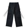 thumbnail image 2 of Kmdttou Women Wide Leg High-Waist Lace-Up Drawstring Straight Leg Cargo Belt Pocket Pants, 2 of 5