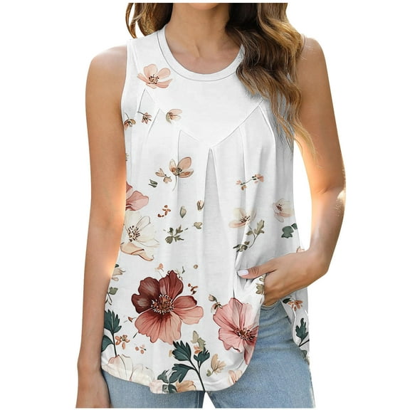 Generic Womens Summer Tank Tops Pleated Round Neck Sleeveless Tops for Women Casual Flowy