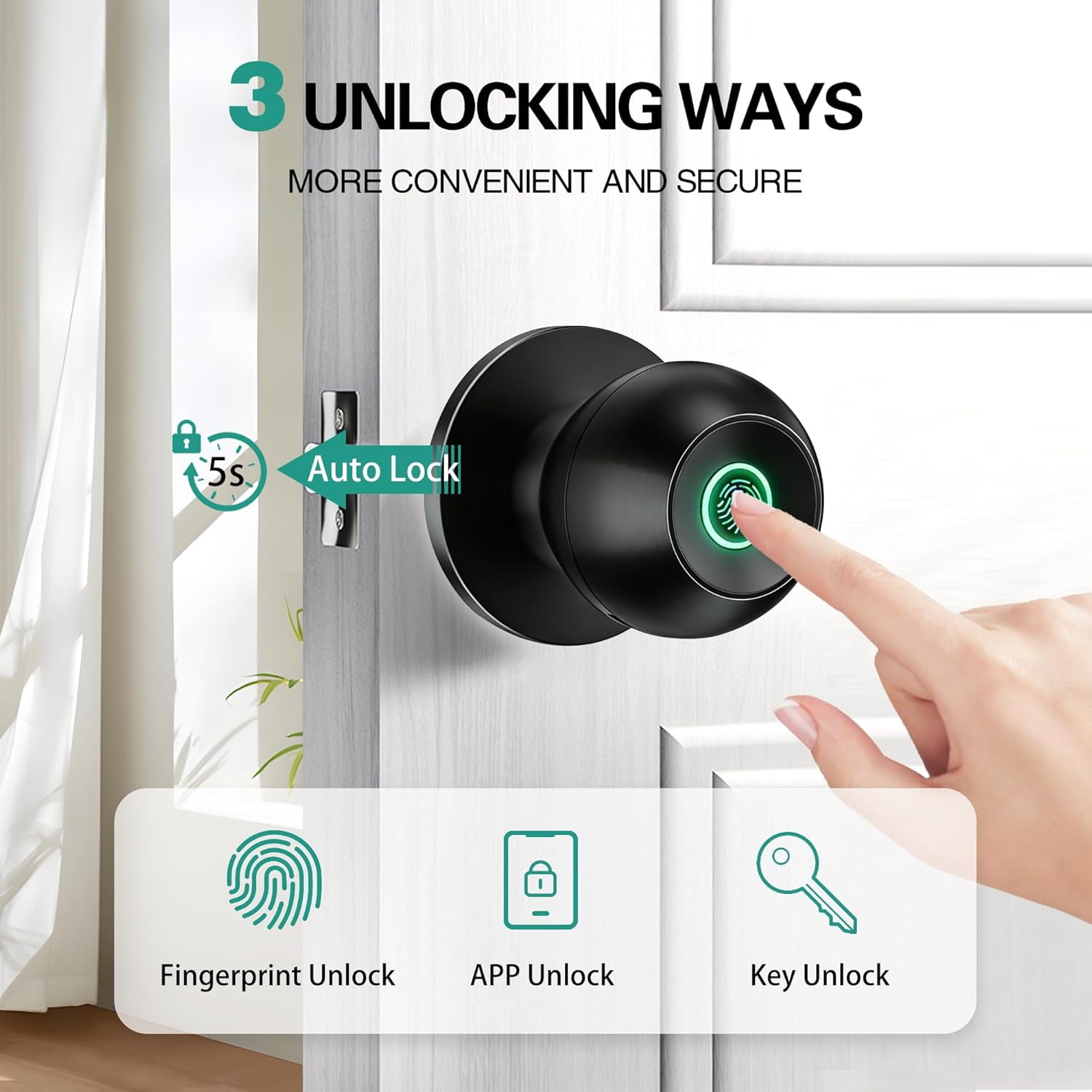 Smart Door Knob, Fingerprint Door Lock with App Control, Auto-Lock, Easy Installation, Great for Bedrooms, Cloakroom, Apartments, Offices (Black)