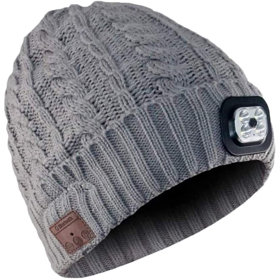 HESHENG Bluetooth Beanie Hat with LED Headlight, Lighted Beanie Cap Rechargeable with Mic Speaker Hands Free Hat Outdoor Sport, Gray#