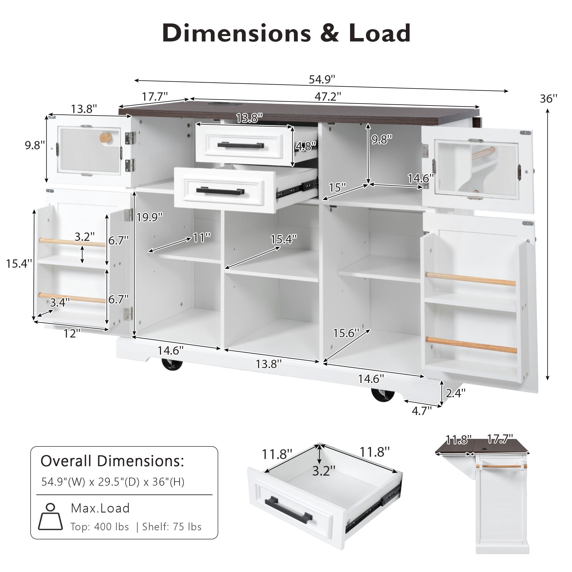 AENKYO 54.9'' Farmhouse Kitchen Island Cart with Drop Leaf, Charging Station, Adjustable Shelves, and Lockable Wheels, White
