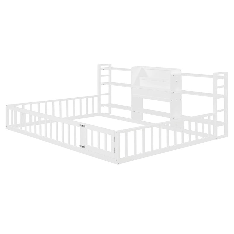 Full Size Floor Bed Platform Bed with Side Bookcase and 3-Tier Storage Shelves, Solid Wood Low Profile Montessori Floor Bed with Safety Guardrails for Kids, Boys, Girls