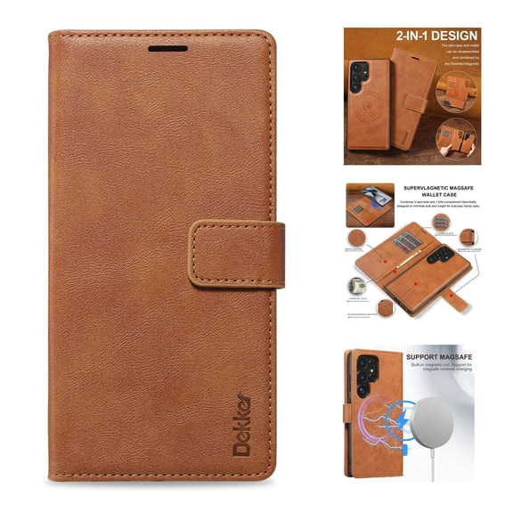 ELEHOLD Magnetic Detachable Wallet Case For Samsung Galaxy S26 Ultra, Removable 2 in 1 Wireless Charging RFID Blocking Card Holders PU Leather Flip Stand Cover,Brown