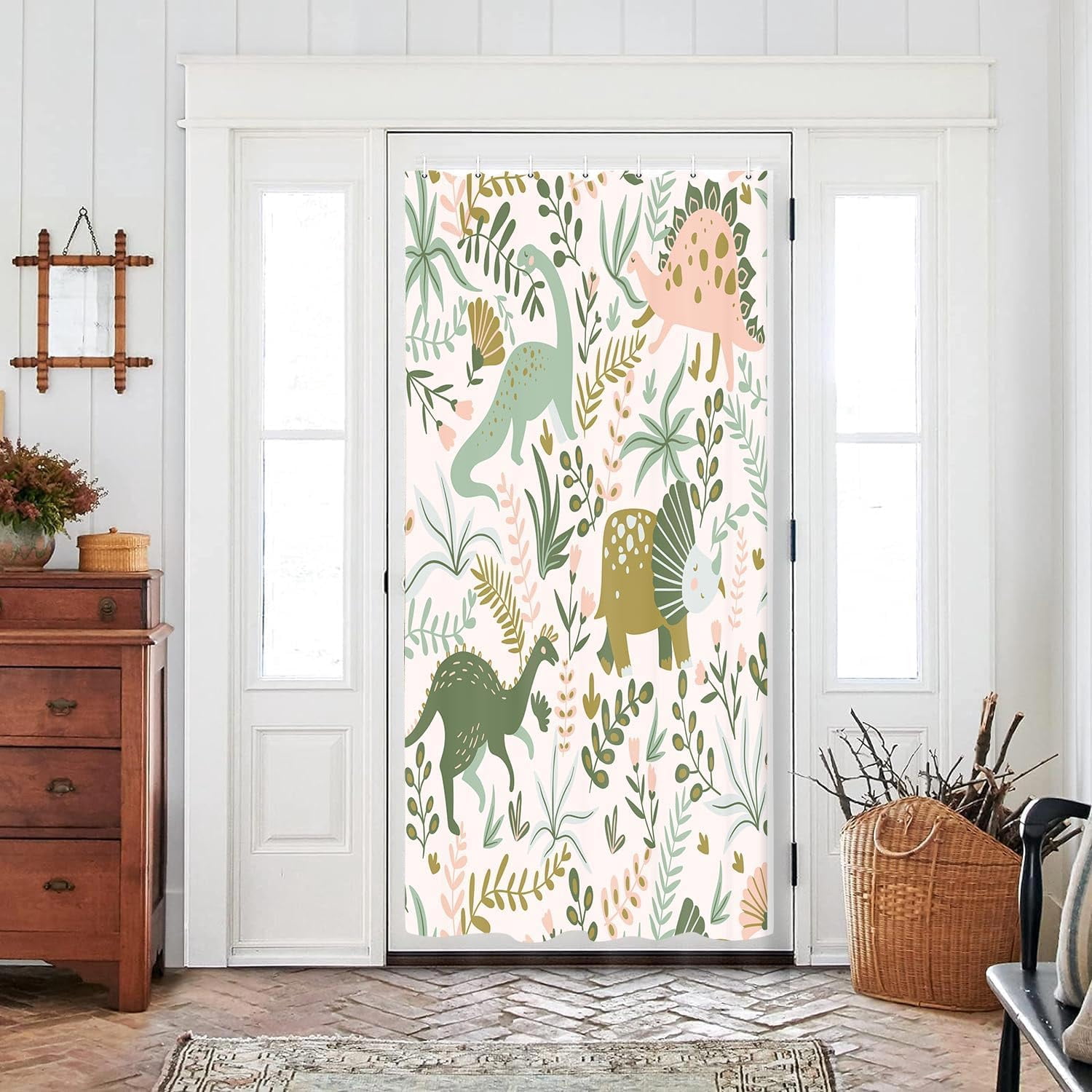 Kids Shower Curtains,Funny Dinosaur Shower Curtains, Cute Dinosaur for Boys Girls, Green Plant Leaf Flowers Colorful Bathroom Decor with Hooks Waterproof Fabric Polyester Bathtub Decorative