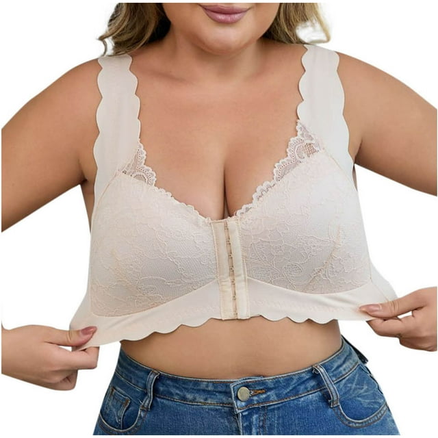 Bras for Women Underwear for Women Front Button Plus Size Lace Gathered Rimless Solid Bra