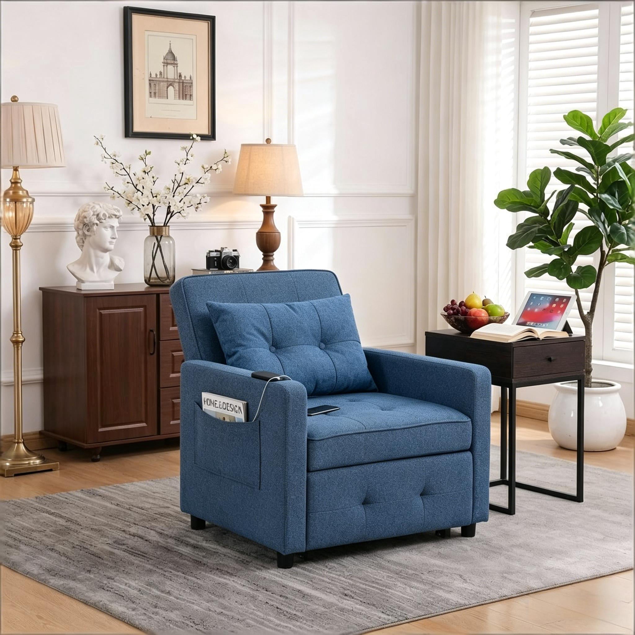 Howcool 3-in-1 Sleeper Chair Convertible Pull Out Bed Adjustable Armchair Sofa Bed with USB & Side Pocket