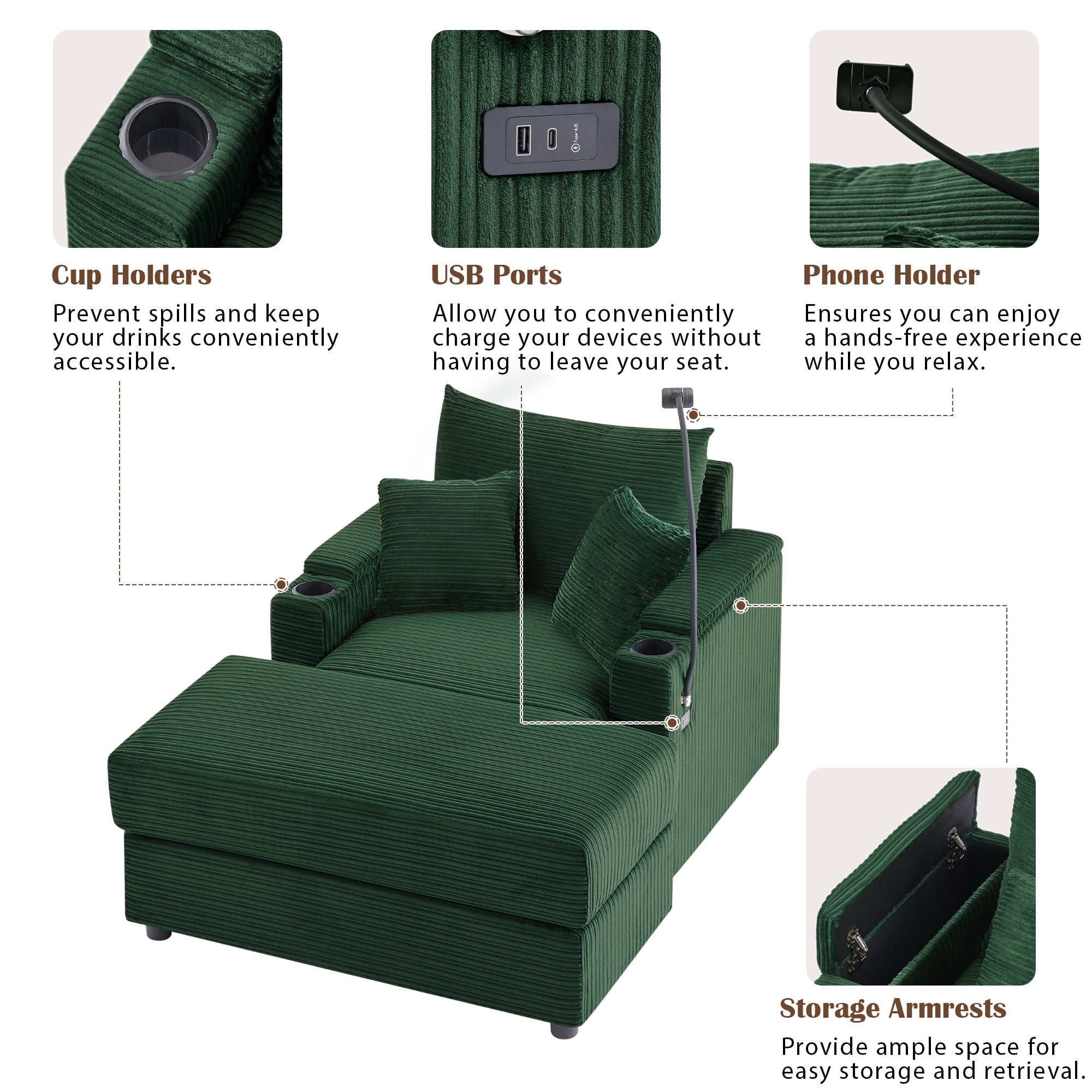 Euroco Multi-Functional Recliner Chair with Movable Ottoman, Hidden Storage Armrests, USB Ports, Cup Holders & Phone Stand, Corduroy Upholster